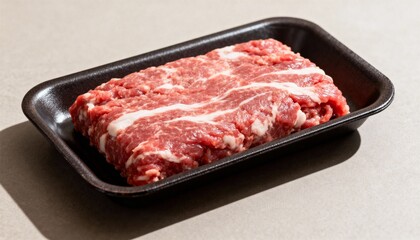 Fresh raw ground meat in a black packaging tray. Uncooked minced beef or pork ingredient for cooking on a neutral background