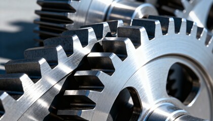 A close-up of interlocking metal gears. Industrial machine parts and cogwheel mechanism representing teamwork and technology