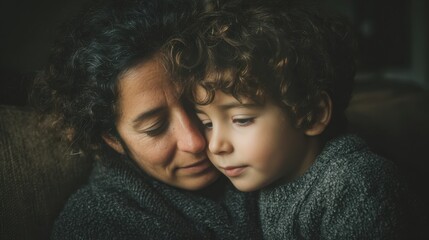 Middle Eastern Mother Embracing Son on Living Room Sofa