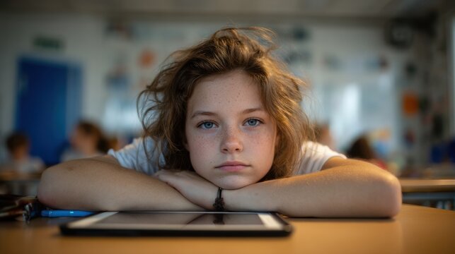 Schoolgirl Resting on Desk with Tablet and Stylus