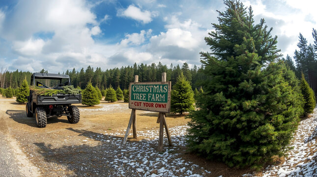 Christmas tree farm with lush evergreen pines, snowy ground patches, rustic wooden sign, and scenic forest landscape under a bright blue sky during the holiday season