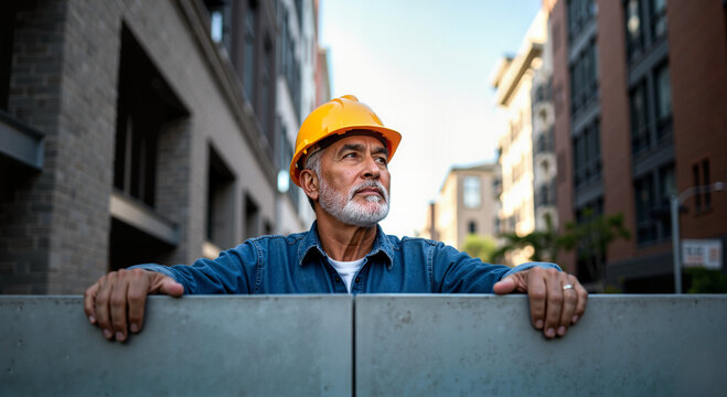 Experienced senior construction worker in a yellow hard hat at a building site. Portrait of a mature male engineer or foreman looking into the distance