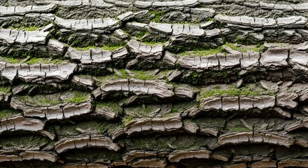 The image is a close-up shot of tree bark.
It features a rough, deeply furrowed texture with layers of grayish-white, scale-like plates that peel horizontally.