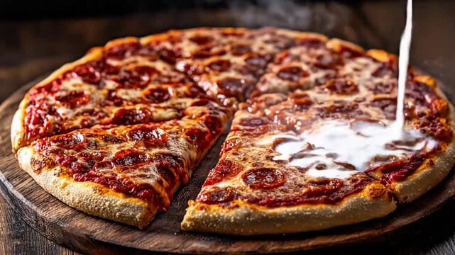 Hot Pepperoni Pizza Being Drizzled with Creamy Sauce on a Wooden Serving Board