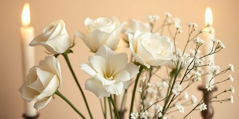 White roses and baby's breath arranged next to two glowing, tall white candles, creating a warm, romantic, and elegant atmosphere.