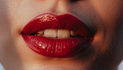 Naklejka premium Close-up Shot of Bright Red Lips with Glossy Shine