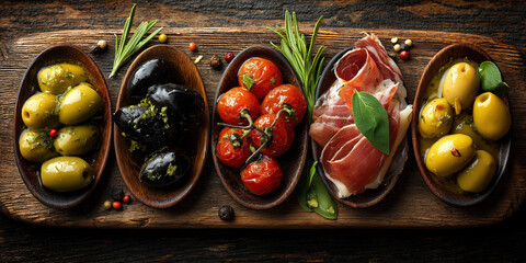 Mediterranean appetizer selection features gourmet ingredients arranged on rustic wooden serving board.