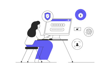 Data protection internet security. Lock personal data with fingerprint, face scan or password. Woman enters a password on a laptop. Flat Cartoon Vector Illustration, icon Stylish abstract design web