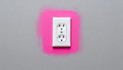 Messy pink paint brushed around a white electrical socket on a gray textured wall. DIY home decorating and renovation project concept.