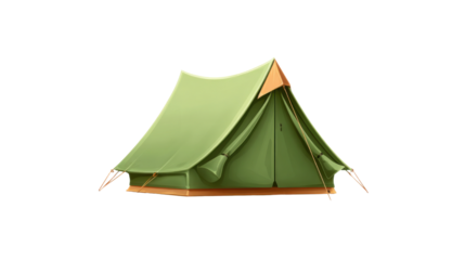 Classic outdoor camping tent in soft green fabric with ropes and stakes shown pitched in detailed illustration representing adventure travel gear on white background