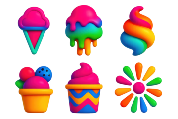 Set of colorful ice cream and cupcake designs. The ice cream designs include a cone, a cupcake, and a sundae, while the cupcake designs include a rainbow cupcake