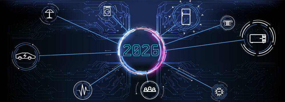 Future technology trends and innovations highlighted in a digital 2026 concept graphic.
