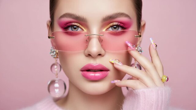 A close-up, medium shot portrait of a young woman with striking, heavily made-up eyes featuring a bright pink and gold eyebright gradient, glossy pink lips, and delicate arched eyebrows.