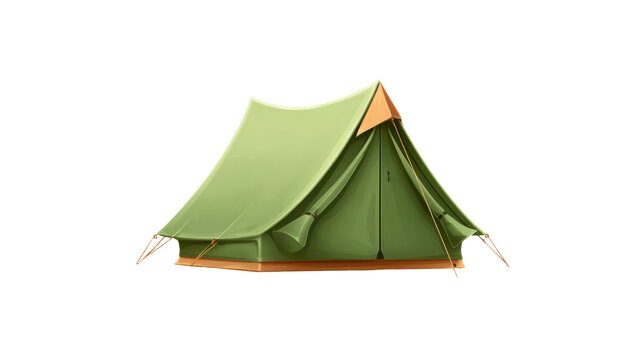 Classic outdoor camping tent in soft green fabric with ropes and stakes shown pitched in detailed illustration representing adventure travel gear on white background