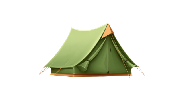 Classic outdoor camping tent in soft green fabric with ropes and stakes shown pitched in detailed illustration representing adventure travel gear on white background