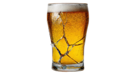 Close-up cracked beer glass filled with golden carbonated beverage showcasing dramatic broken texture risky drinking accident concept isolated detailed shot on white background
