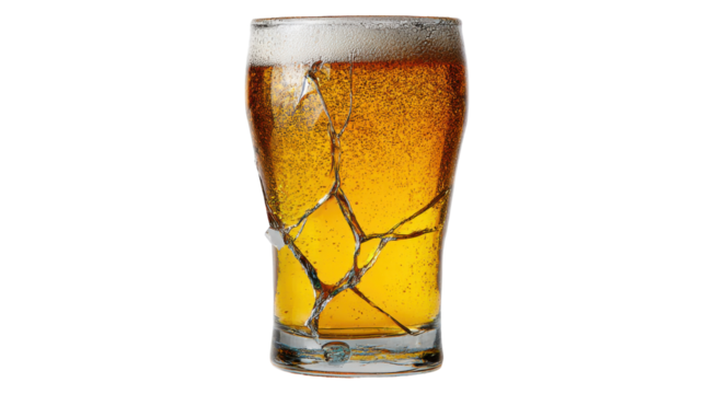Close-up cracked beer glass filled with golden carbonated beverage showcasing dramatic broken texture risky drinking accident concept isolated detailed shot on white background