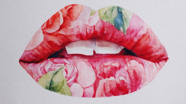 Lips painted with vivid flowers showcase artistry with bright colors and intricate details merging beauty and nature.