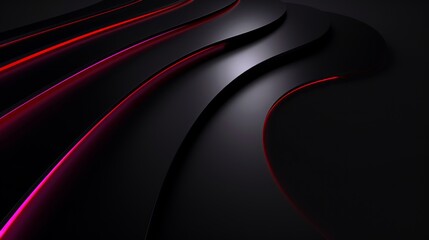 Abstract black background with red glowing waves. Futuristic 3D rendered dark layers with neon lines. Sleek modern technology wallpaper with copy space