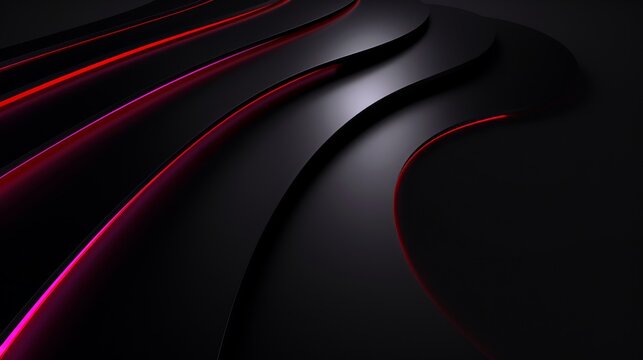 Abstract black background with red glowing waves. Futuristic 3D rendered dark layers with neon lines. Sleek modern technology wallpaper with copy space