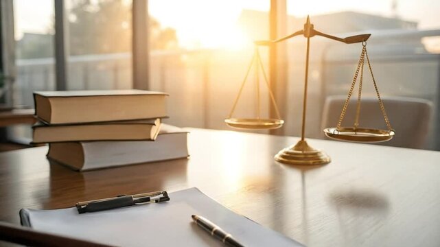 Law Office Desk With Justice Scales Legal Books And Documents In Warm Sunlight Creating Professional Attorney Workplace Scene