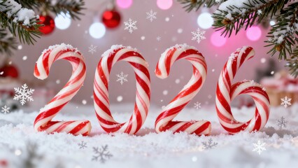 Colorful candy canes form the numbers 2026, surrounded by snowflakes and holiday decorations. The festive ambiance captures the joy of the New Year.
