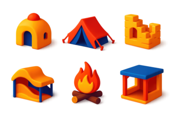 Variety of colorful toy buildings, including a house, a tent, and a hut. The buildings are made of plastic and are arranged in a row. Scene is playful and whimsical