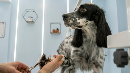 At a pet grooming salon, a middle-aged male groomer is trimming the fur of an adorable English...