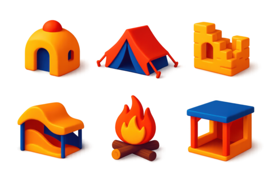 Variety of colorful toy buildings, including a house, a tent, and a hut. The buildings are made of plastic and are arranged in a row. Scene is playful and whimsical - Powered by Adobe