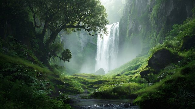 A mystical waterfall gracefully plunges amidst lush verdant forest scenery - Powered by Adobe