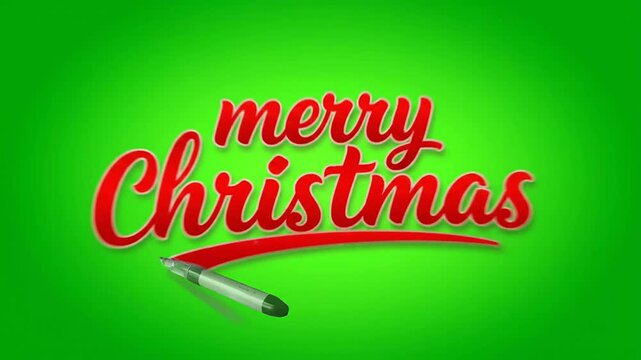 Merry christmas text animation drawn by pen on chroma key green screen background ready for keying