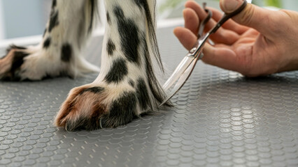 At a pet grooming salon, a middle-aged male groomer is trimming the fur of an adorable English...