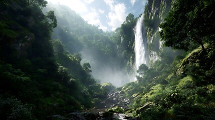 Majestic cascade falling into a vibrant, emerald jungle environment