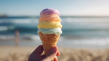 Delightful multi-layered ice cream cone experience by the sea's tranquil shore