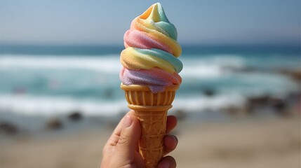 Hand holding a vibrant rainbow ice cream cone on a sunny beach getaway