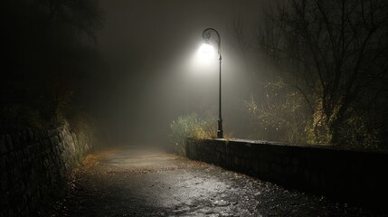 A serene night scene features a single streetlight illuminating a damp fog covered pathway lined with trees.