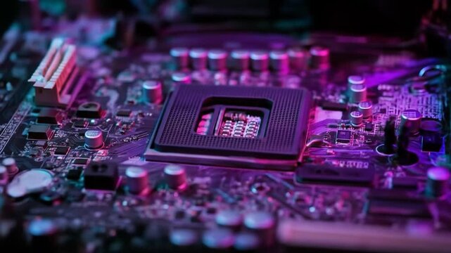 Close up of a computer motherboard with cpu socket and electronic components