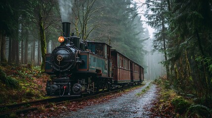 Vintage steam train chugging through a dense forest shrouded in mist and mystery