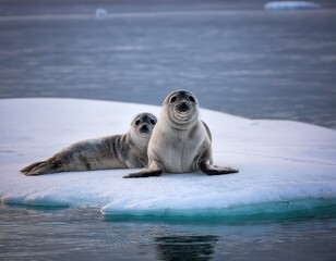Arctic Companions: Two Harbour Seals Relax on an Ice Floe in Calm, Cold Waters, Sharing a Peaceful Moment.