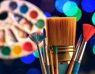 Artist's Palette and Brushes: A Close-Up View of Painting Tools Ready for Creation with Bokeh Lights in the Background