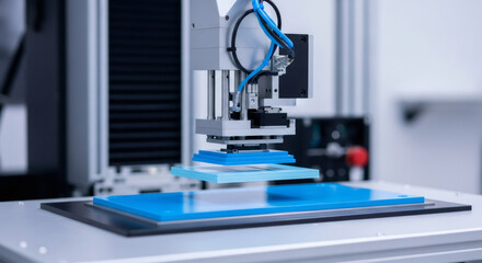 Close-up of a precision robotic arm on an automated assembly line. High-tech industrial manufacturing and industry 4.0 technology concept