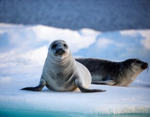 Curious Harp Seal pup gazes out from a pristine ice floe, with another seal resting peacefully in the background on the icy landscape.