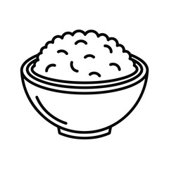 Simple black and white line drawing of a bowl filled with fluffy white rice