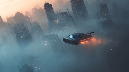 Futuristic cityscape view with flying car above fog, a glimpse into tomorrow