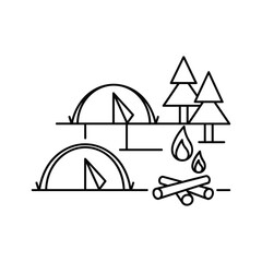 Simple line art illustration of a camping scene with tents trees and a campfire