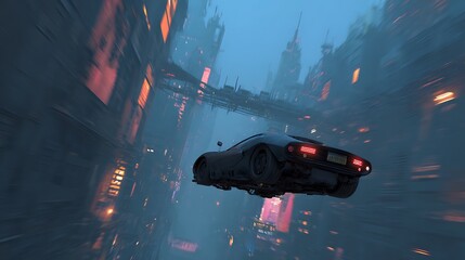 Futuristic cityscape with a sleek vehicle traversing through a dense urban landscape