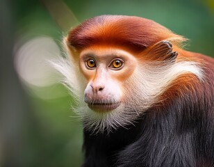 Portrait of a Red-Capped Mangabey: Close-Up Gaze into the Eyes of a Beautiful Primate in Lush Greenery.