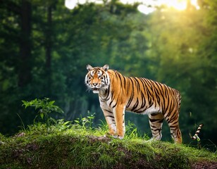 Tiger's Stare: A Bengal tiger stands majestically on a grassy hill, with sunlight streaming through the lush green forest behind him.