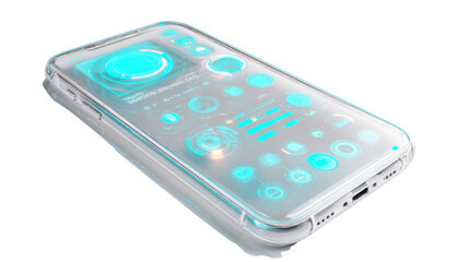 Futuristic transparent smartphone with glowing holographic interface showing advanced digital technology concept for modern communication innovation isolated device on white background