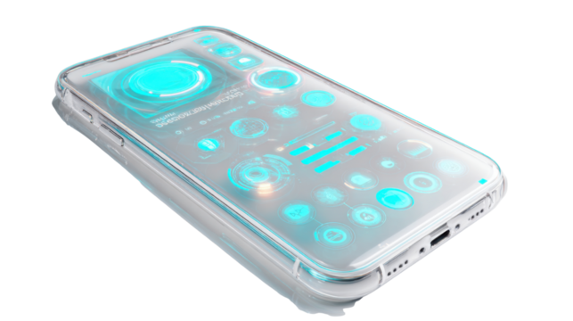 Futuristic transparent smartphone with glowing holographic interface showing advanced digital technology concept for modern communication innovation isolated device on white background